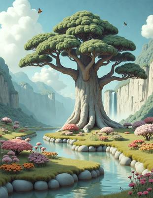 The primary subject of the image is a large tree with a massive trunk, surrounded by a lush green forest. The setting is a beautiful landscape with a river flowing through it, creating a serene and peaceful atmosphere. The visual style of the image is a digital art or illustration, showcasing the intricate details of the tree and its surroundings. The colors in the image are predominantly green, with the tree and forest providing a natural and calming mood.